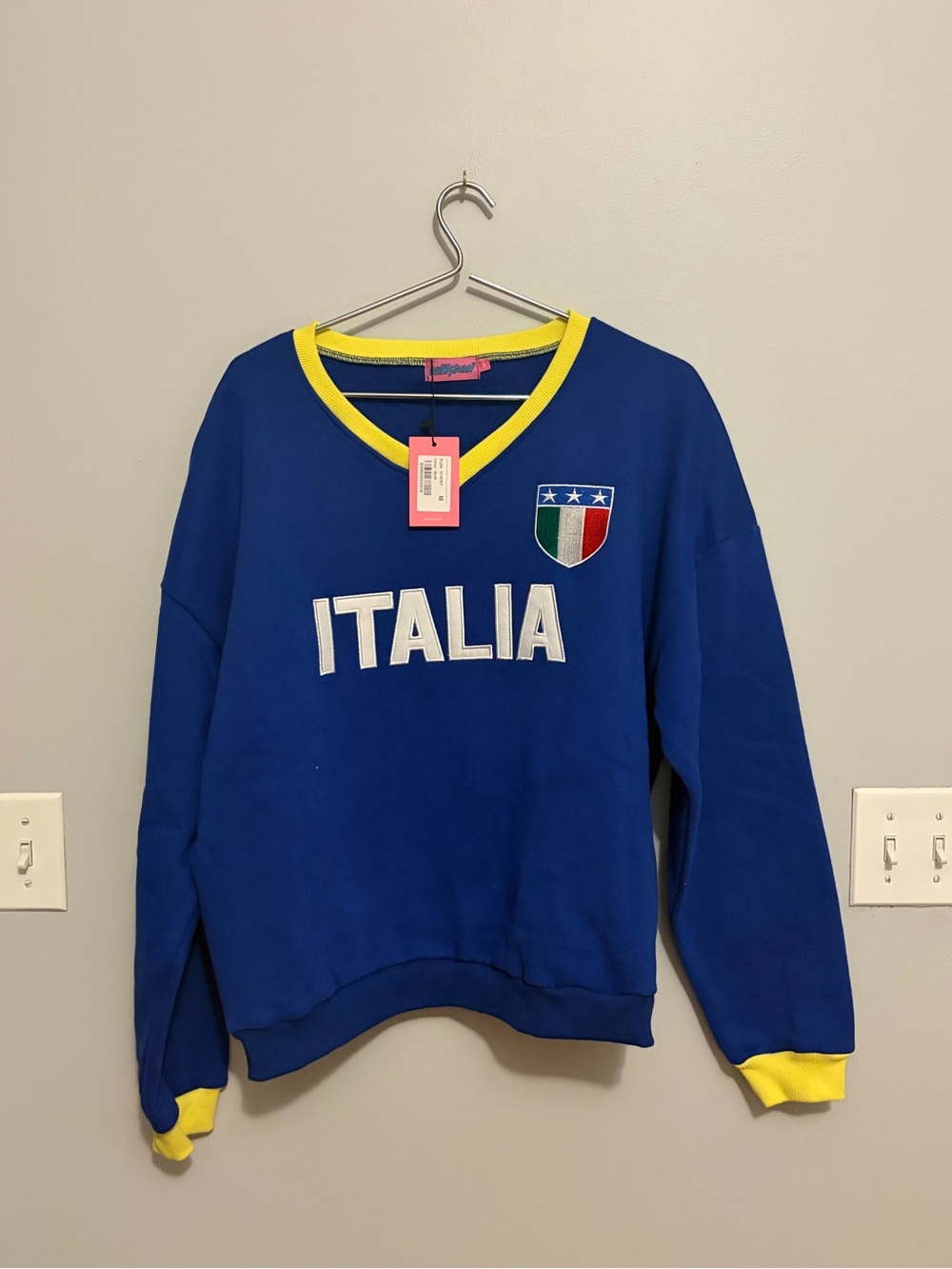 Edikted Blue V-Neck Sweater with Yellow Trim